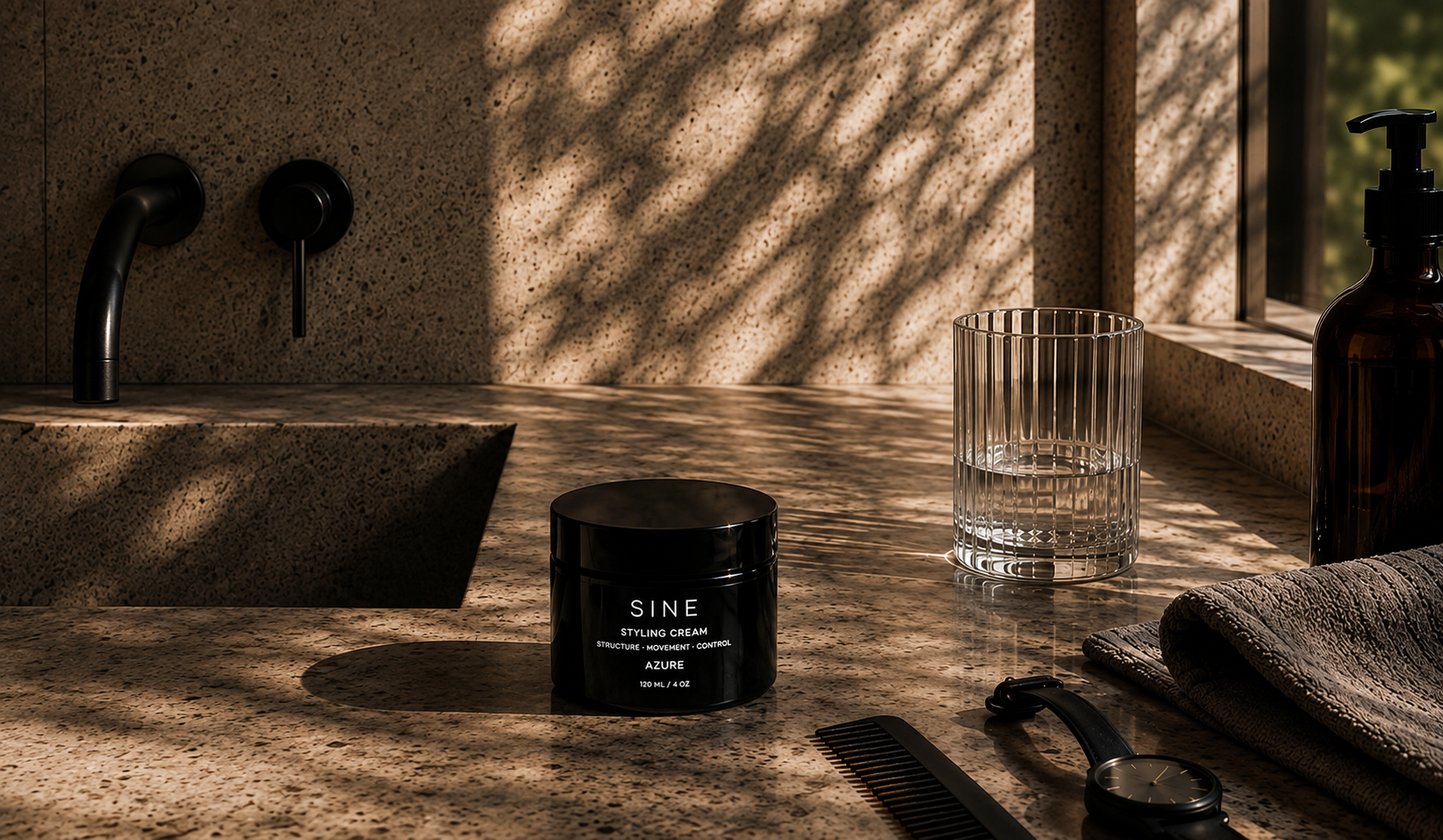 Black jar of Azure styling cream open on a sunlit stone bathroom counter, with a comb, watch, folded towel, and hand wash in soft afternoon light