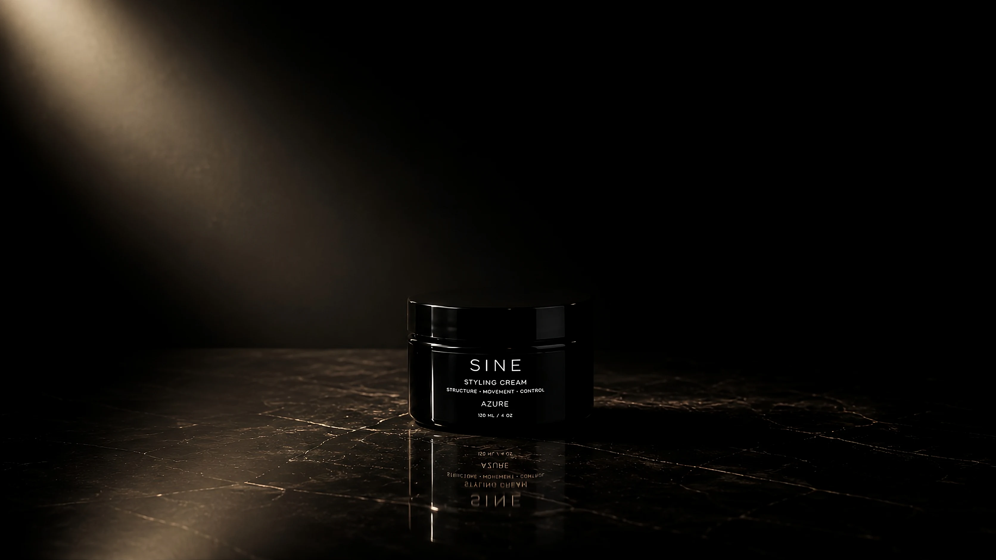 Azure styling cream jar on a dark marble surface with a soft light beam